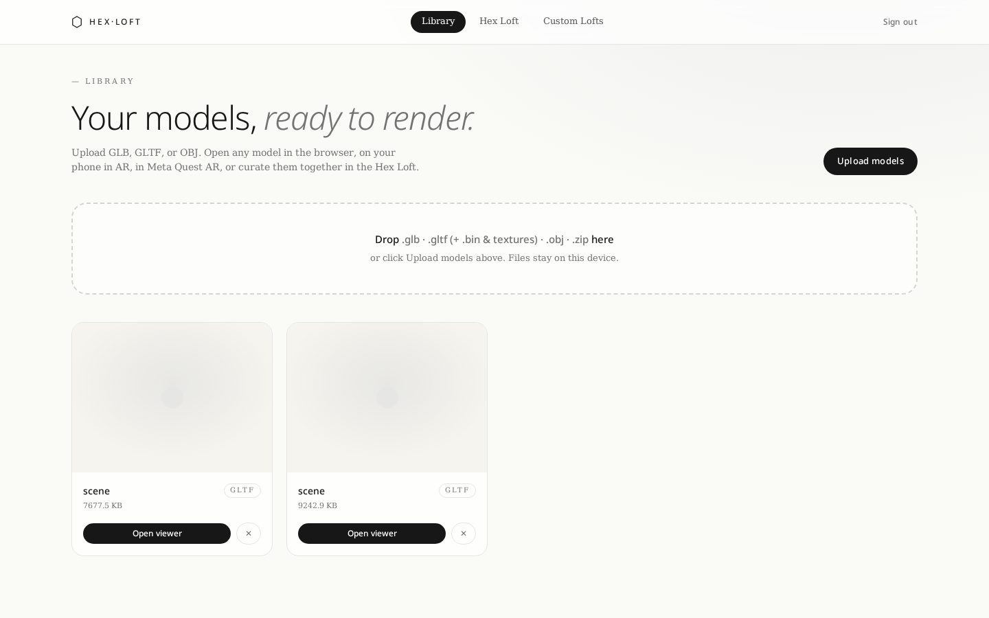 Hex Loft library dashboard with uploaded models